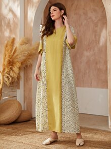 Al Najma Striped & Floral Print Notch Neck Tunic Dress, Modest Kaftan