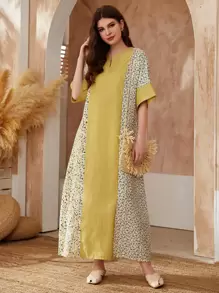 Al Najma Striped & Floral Print Notch Neck Tunic Dress, Modest Kaftan