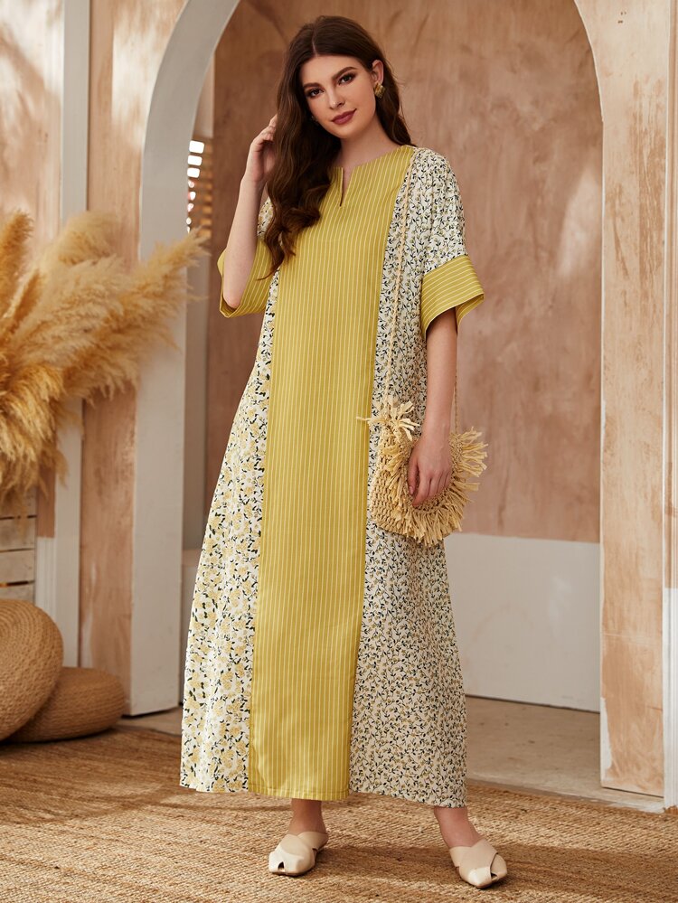 Striped & Floral Print Notch Neck Tunic Dress, Modest Kaftan