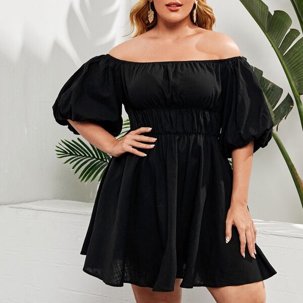 

Plus Off Shoulder Lantern Sleeve Dress, Black