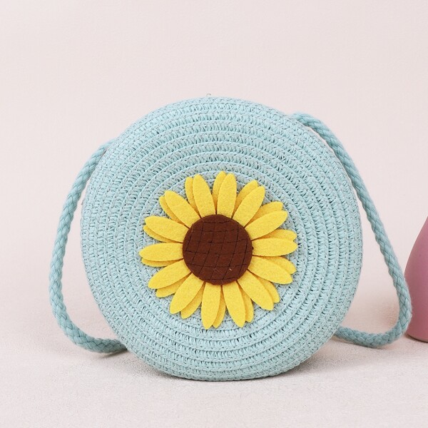 

Girls Sunflower Appliques Woven Circle Bag, Blue