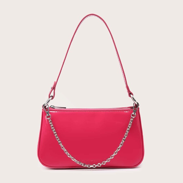 

Chain Decor Patent Leather Shoulder Bag, Hot pink