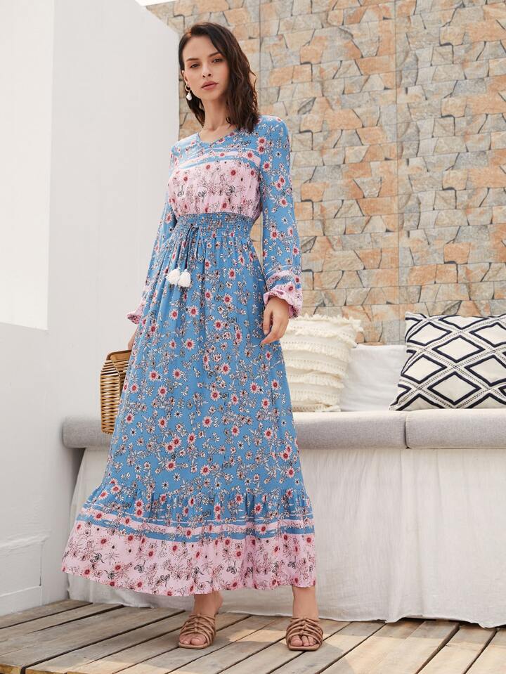 SHEIN Shirred Knot Waist Floral Dress | SHEIN UK