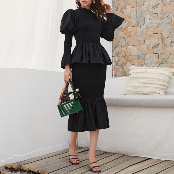 

Gigot Sleeve Shirred Peplum Top & Mermaid Skirt Set, Black
