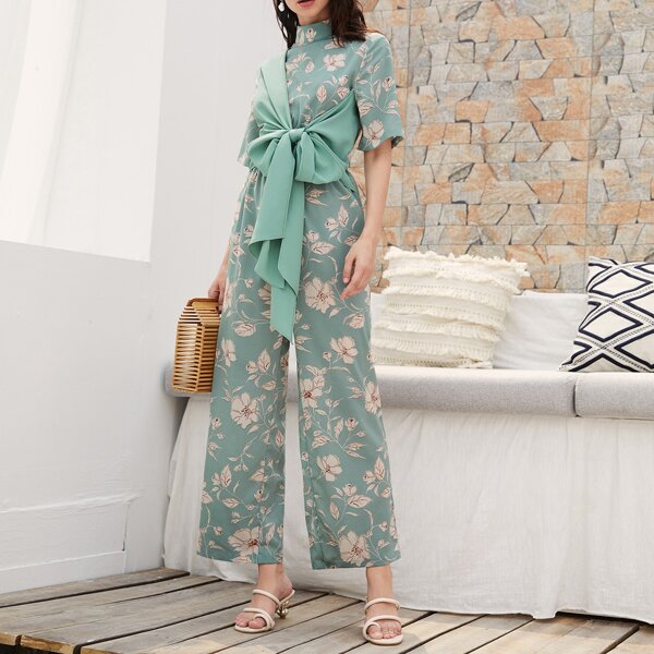 

Mock Neck Tie Front Floral Jumpsuit, Mint green