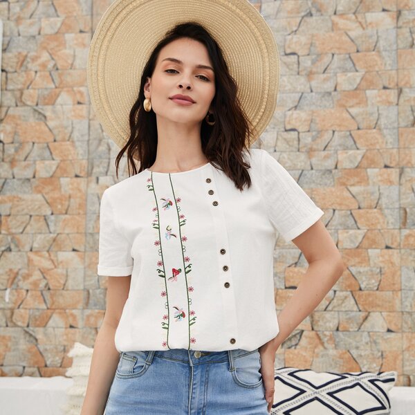 

Floral Embroidery Button Detail Top, White