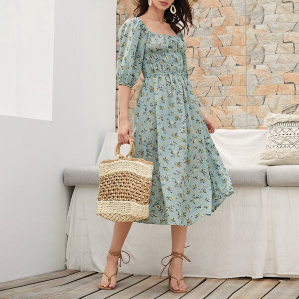 

Puff Sleeve Scoop Neck Ditsy Floral Dress, Mint green