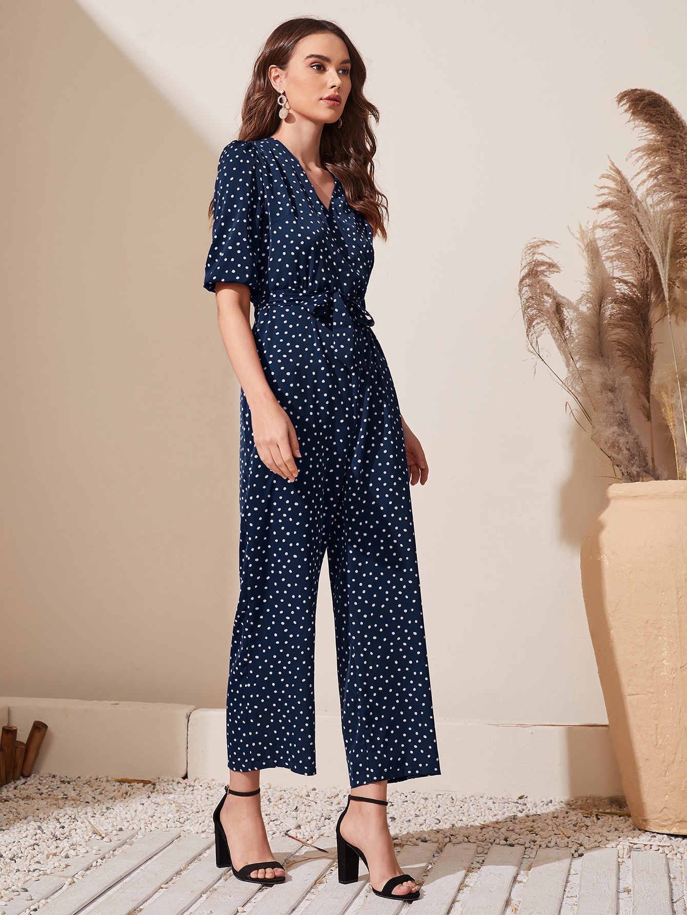 Polka Dot Belted Surplice Jumpsuit Shein Usa