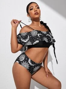 Bộ Bikini Plus Size Họa Tiết Hoa & Mặt Trăng Đi Biển Mùa Hè - Đen và trắng - Xem 2