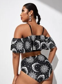 Bộ Bikini Plus Size Họa Tiết Hoa & Mặt Trăng Đi Biển Mùa Hè - Đen và trắng - Xem 3