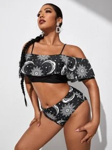 Bộ Bikini Plus Size Họa Tiết Hoa & Mặt Trăng Đi Biển Mùa Hè - Đen và trắng - Xem 4