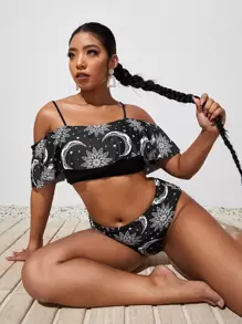 Bộ Bikini Plus Size Họa Tiết Hoa & Mặt Trăng Đi Biển Mùa Hè - Đen và trắng - Xem 1