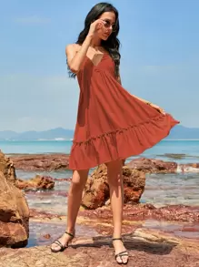 Đầm Lộ Lưng màu trơn Boho - Rỉ Nâu - Xem 3