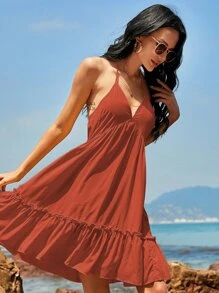 Đầm Lộ Lưng màu trơn Boho - Rỉ Nâu - Xem 5