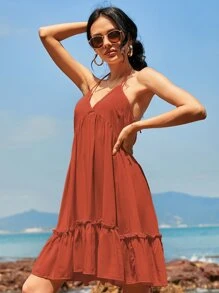 Đầm Lộ Lưng màu trơn Boho - Rỉ Nâu - Xem 6