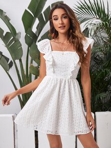 SHEIN Vestido smock con cordón de cuello cuadrado - Blanco - Ver 3