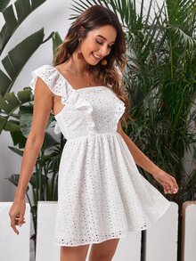 SHEIN Vestido smock con cordón de cuello cuadrado - Blanco - Ver 5