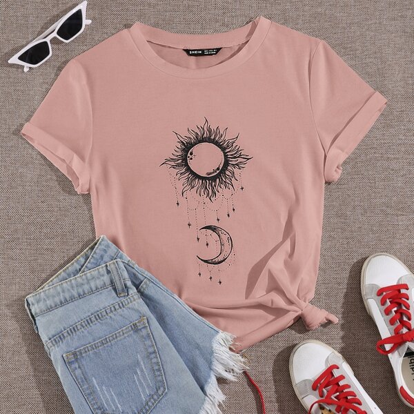

Sun & Moon Print Short Sleeve Tee, Pink