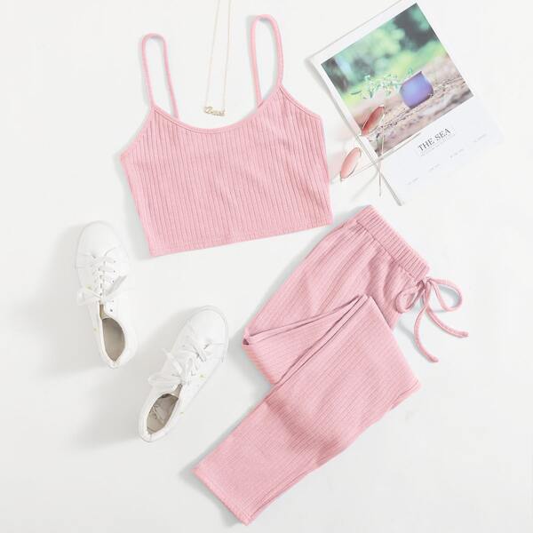 

Solid Rib-Knit Cami Top With Knot Pants Set, Baby pink
