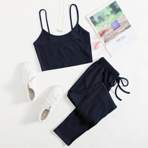 

Solid Rib-Knit Cami Top With Knot Pants Set, Navy blue