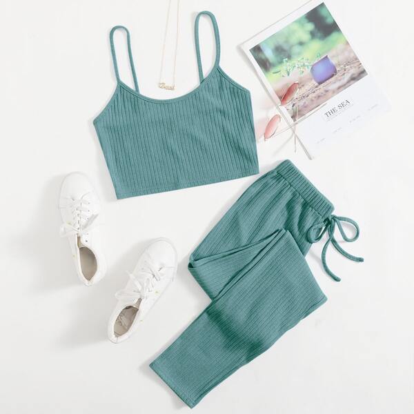 

Solid Rib-Knit Cami Top With Knot Pants Set, Green