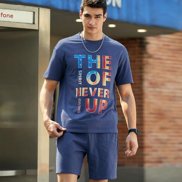 

Men Slogan Graphic Tee & Track Shorts Set, Navy blue