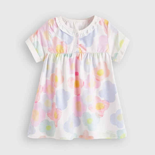 

Baby Girl Floral Print Ruffle Trim Smock Dress, Multicolor