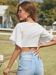 SHEIN Frenchy Lace Trim Tie Front Bell Sleeve Top - White - View 2