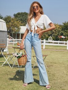 SHEIN Frenchy Lace Trim Tie Front Bell Sleeve Top - White - View 5