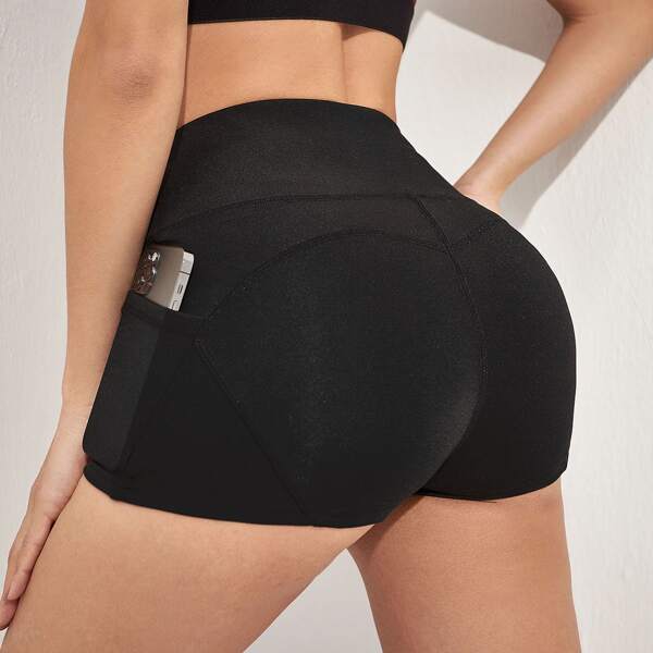 

Wide Waistband Solid Sports Shorts, Black