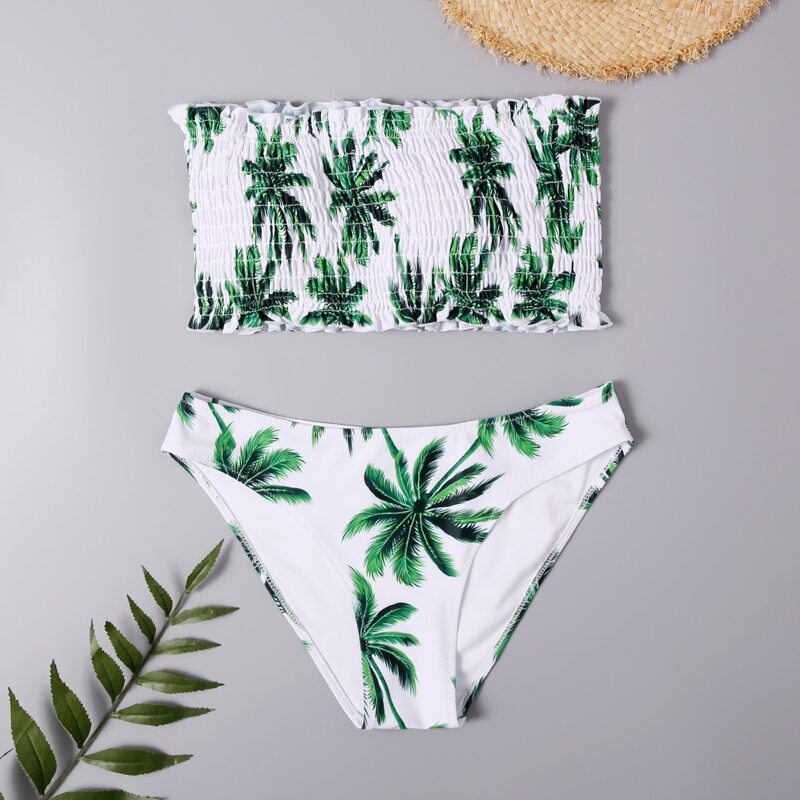 

Coconut Tree Graphic Shirred Bikini Swimsuit, Multicolor