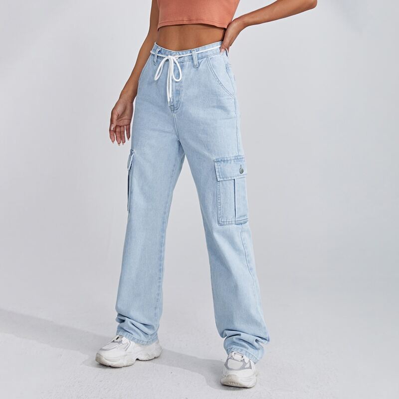 

High Waisted Flap Pocket Belted Cargo Jeans, Light wash