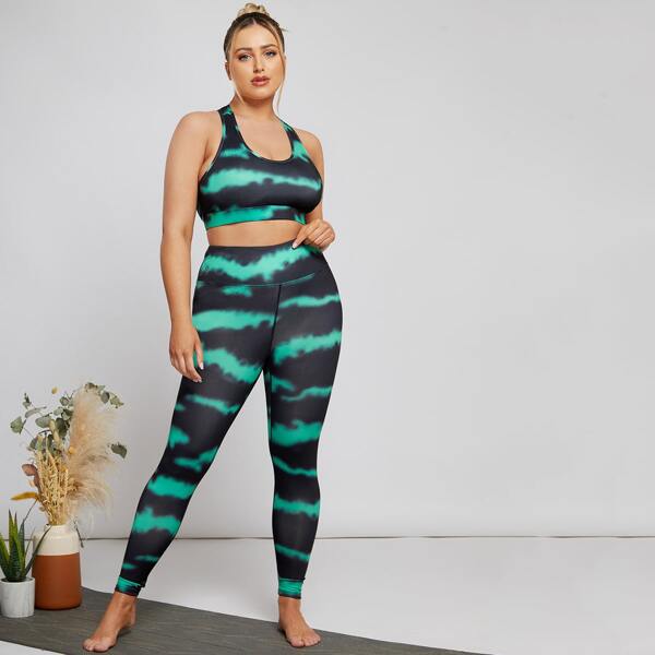 

Plus High Stretch Colorblock Sports Bra With Leggings, Multicolor