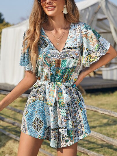 Mono con cinturón de manga mariposa con estampado de retazo - Colección de primavera