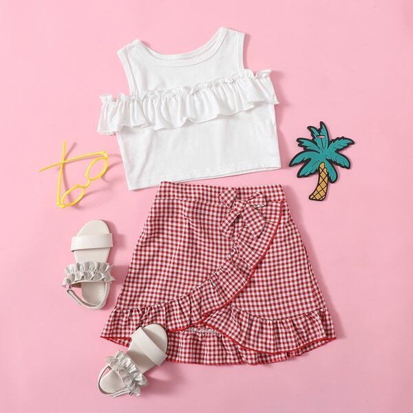

Toddler Girls Ruffle Trim Cold Shoulder Tank Top & Gingham Skirt, Red and white