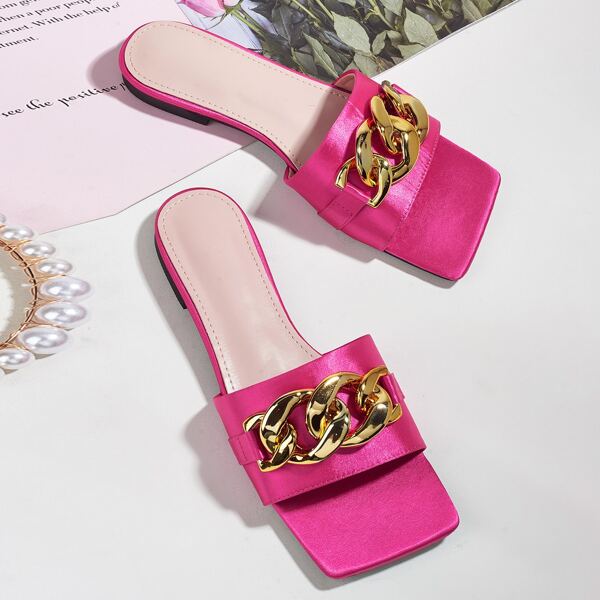 

Chain Decor Slide Sandals, Hot pink