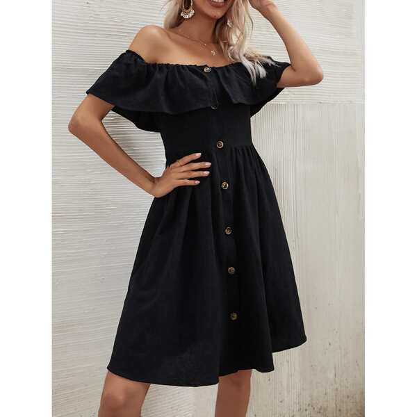 

Ruffle Trim Button Up Bardot Dress, Black