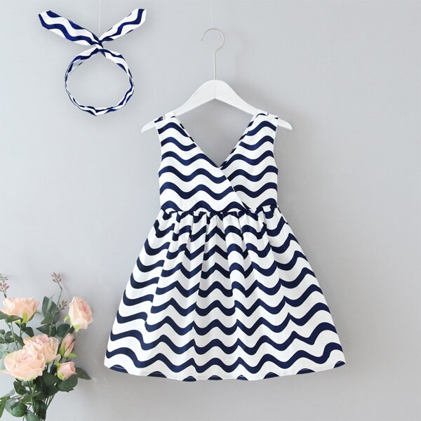 

Toddler Girls Striped Bow A-line Dress With Headband, Blue and white