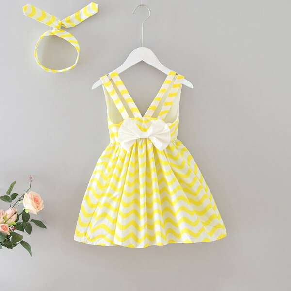 

Toddler Girls Striped Bow A-line Dress With Headband, Yellow