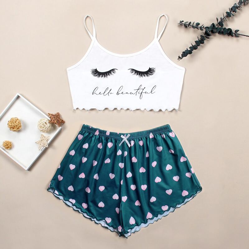 

Eyelash And Slogan Graphic Lettuce Trim Cami PJ Set, Blue and white