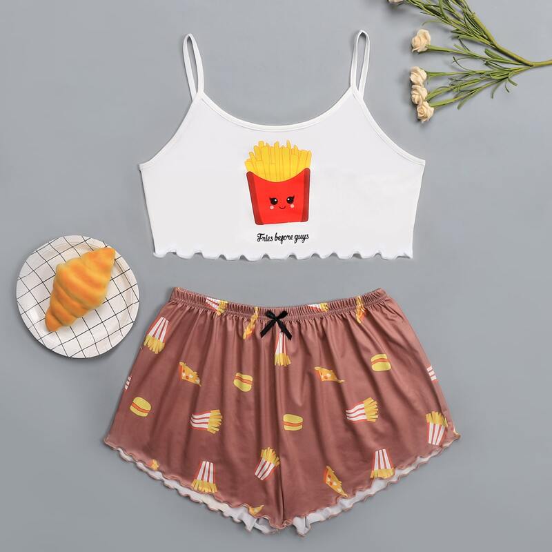 

Letter & Cartoon Graphic Cami Pajama Set, Multicolor