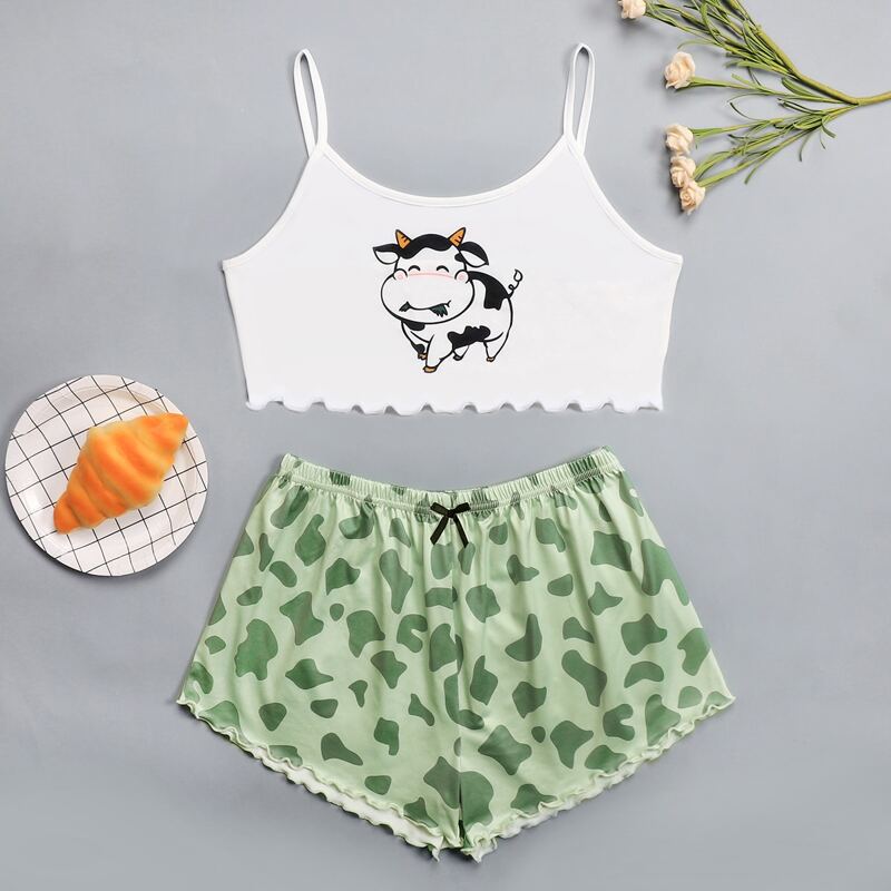 

Cow Print Lettuce Trim Cami PJ Set, Multicolor