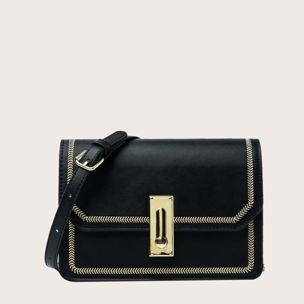 

Embroidered Detail Chain Crossbody Bag, Black