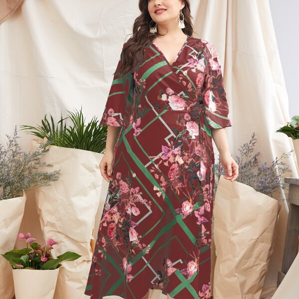 

Plus Floral Print Wrap Neck A-line Dress, Multicolor
