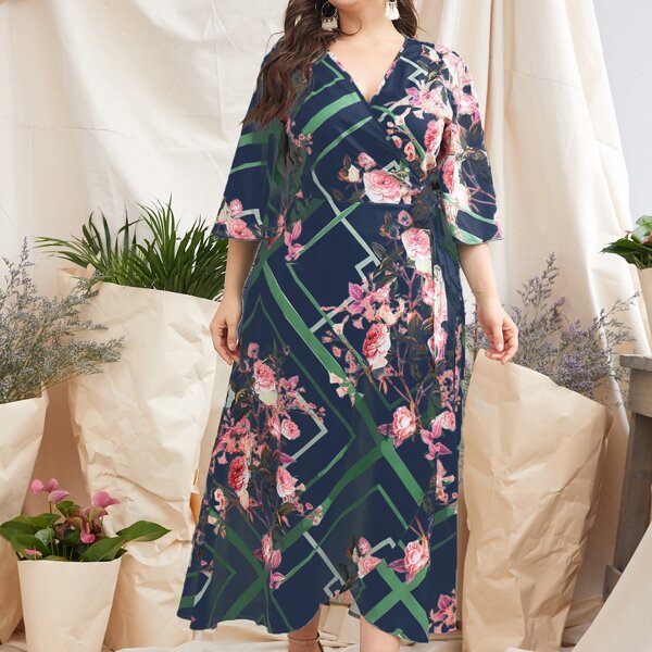 

Plus Floral Print Wrap Neck A-line Dress, Multicolor
