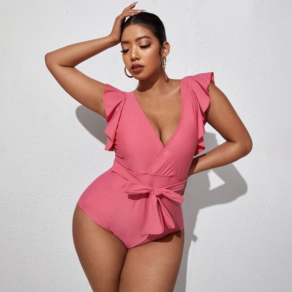 

Plus Ruffle Trim Knot Front One Piece Swimsuit, Pink