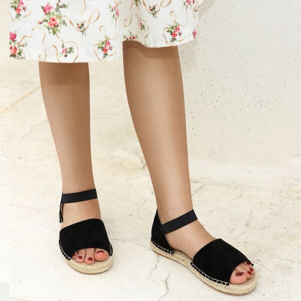 

Peep Toe Elastic Strap Espadrille Flats, Black