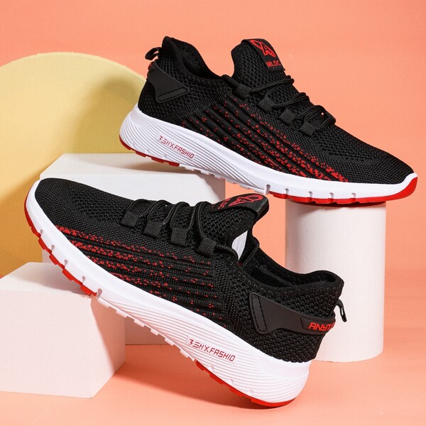 

Lace Up Decor Knit Running Shoes, Black