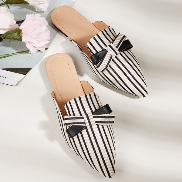 

Striped Bow Decor Loafer Mules, Black and white