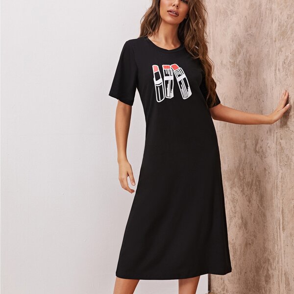 

Lipstick Print Night Dress, Black